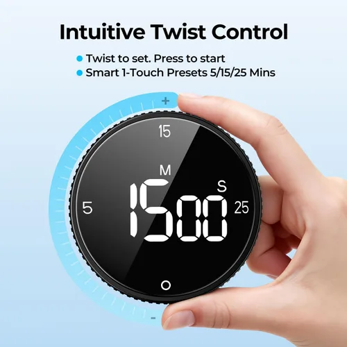 Vista 3 de Temporizador magnético de cocina para cocinar con alarma fuerte - Gran pantalla LED de cuenta atrás rotativa Pomodoro, preajuste de 5/15/25 minutos