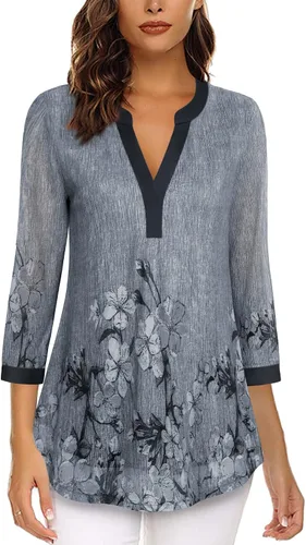Vista 2 de Timeson Blusas de manga 34 para mujer, cuello en V, camisas de vestir de malla de doble capa