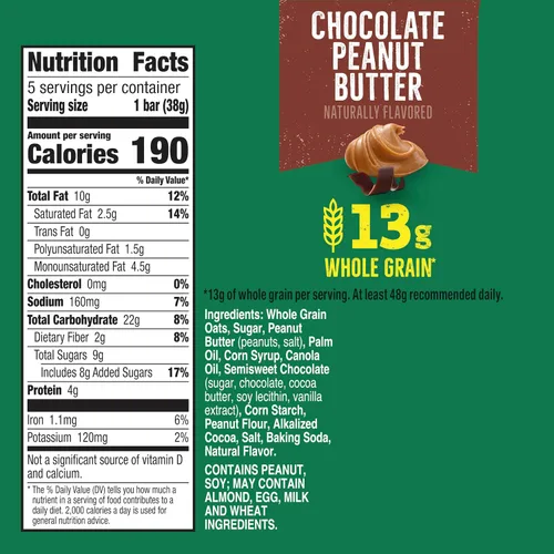 Vista 2 de Nature Valley Sándwiches de galletas, bocadillos de mantequilla de maní y chocolate, 5 unidades, 6.75 onzas 13g Whole Grain per Serving