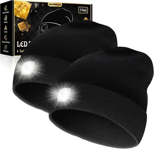 Vista 8 de MANWALD Gorro de LED con luz, gorro con linterna recargable por USB, regalos para Navidad, calcetines de navidad para hombres, Negro, Talla única