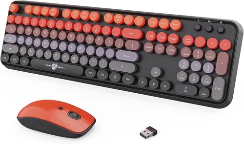 Vista 10 de Combo de teclado y mouse inalámbricos, 104 teclas redondas, lindo teclado y mouse inalámbricos coloridos con máquina de escribir retro, color negro