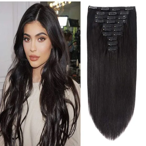 Vista 30 de Extensiones de cabello humano con clip de 14 pulgadas, 4.33 oz, 7 piezas, 16 clips, color marrón chocolate, doble trama, extensiones de cabello Remy