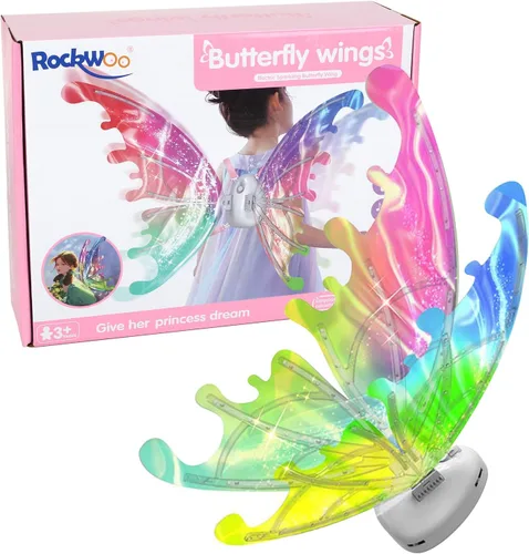 Vista 9 de Alas de mariposa LED para niñas, mujeres, perros, alas brillantes para mascotas con luces LED y música, alas iluminadas para adultos, alas