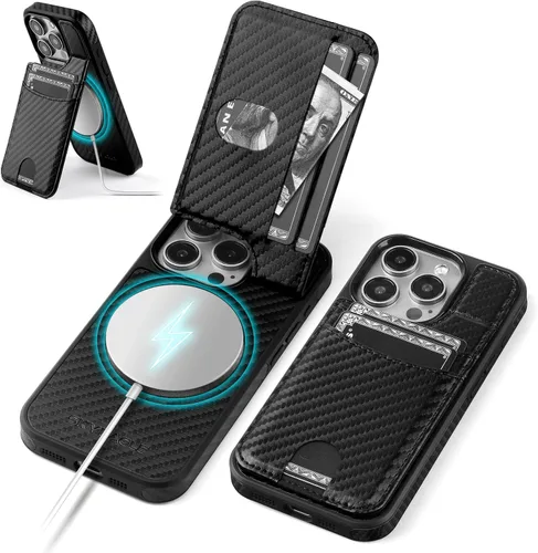 Vista 9 de SkyEagle Funda compatible con Magsafe para iPhone 13 Pro Max con soporte para tarjetas, función atril, bloqueo RFID, ranuras para tarjetas de Verde