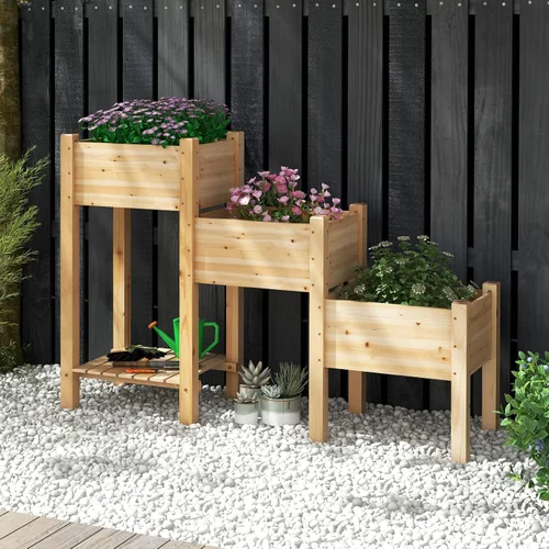 Vista 2 de Giantex Juego de 3 camas de jardín elevadas, jardinera de madera con estante de almacenamiento, camas elevadas para frutas, verduras, flores, Natural