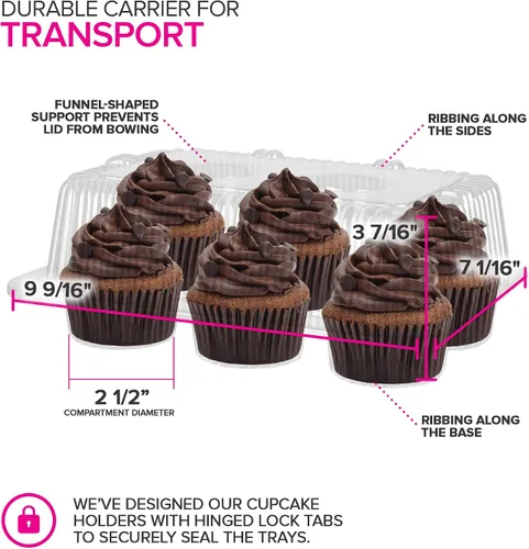 Vista 3 de Stock Your Home Recipientes de plástico desechables para cupcakes con 6 compartimentos (40 unidades) con tapa de cúpula conectada, sin BPA
