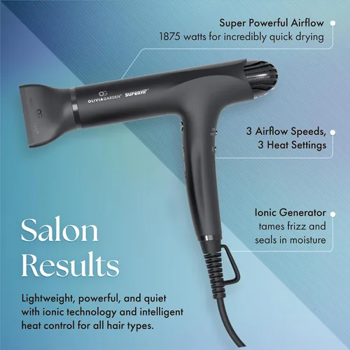 Vista 2 de Olivia Garden Secador de pelo profesional SuperHP de 1875 W para todo tipo de cabello, secador de pelo silencioso y de secado rápido, potente