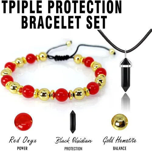 Vista 2 de Pulsera de triple protección trae felicidad, buena suerte, relación de protección para amigos, familia, ónix rojo, dorado, pulsera de hematita