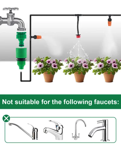 Vista 2 de Sistema automático de riego por goteo de 50 pies para jardín, kit de micro riego de 1/4 pulgadas con boquilla de nebulización ajustable y goteros