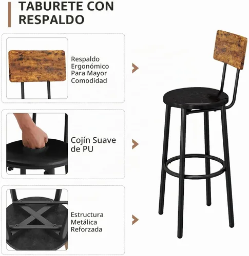 Vista 5 de Juego de 3 mesas de bar y sillas industriales para 2 mesas de comedor cuadradas rústicas marrones con sillas de asiento de poliuretano