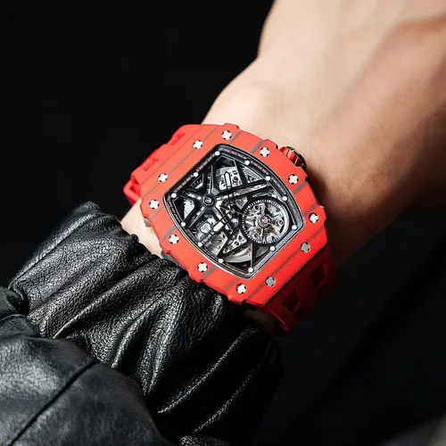 Vista 8 de Relojes automáticos para hombre, reloj impermeable hasta 164.0 ft, reloj analógico de esqueleto mecánico de lujo, correas de reloj de silicona