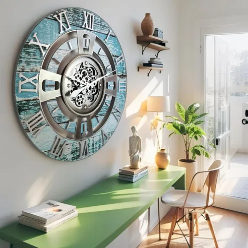 Vista 4 de ImprovingLife The Gears Reloj de pared con engranajes móviles reales línea Inglaterra (Verde Aguamarina, 24 pulgadas (60 cm))