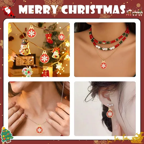 Vista 7 de LiQunSweet 100 adornos de bola de Navidad rojos, dijes esmaltados de copos de nieve dorados para hacer joyas