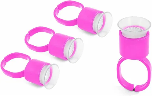 Vista 2 de 50 anillos de tinta, 50 anillos de pegamento de pigmento de microblading rosa con cápsulas de tinta de esponja, extensiones de cejas de maquillaje