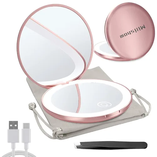Vista 11 de Espejo compacto con luz LED, espejo recargable con aumento 1x/10x, 3.5 pulgadas, espejo de viaje regulable para bolso, bolsillo, espejo de Negro