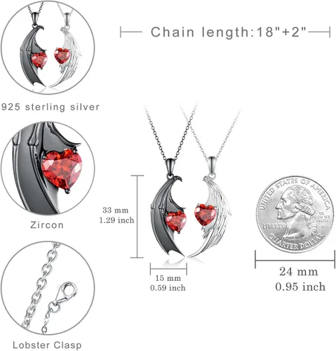 Vista 4 de CVRAVO Collar a juego para parejas, plata de ley 925, colgante de ángel y diablo, collar a juego para parejas para él y ella, regalo de joyería