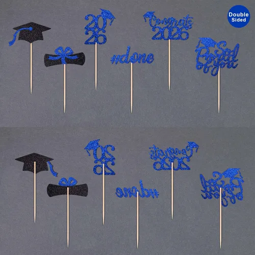 Vista 4 de 36 adornos para cupcakes de graduación de clase 2026, con purpurina azul de doble cara para suministros de fiesta de graduación, decoraciones