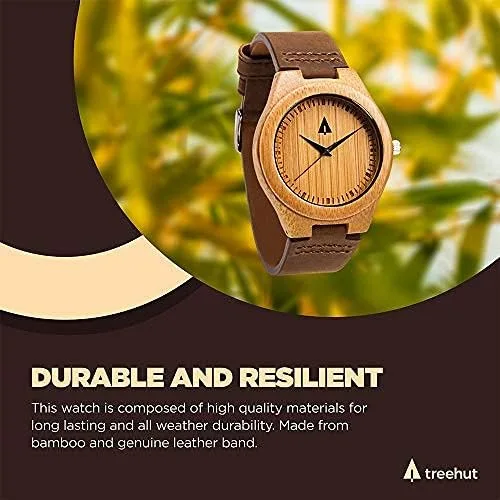 Vista 5 de Treehut Reloj de bambú de madera para hombre con correa de cuero genuino analógico de cuarzo..., Marrón Natural 1, Reloj de cuarzo