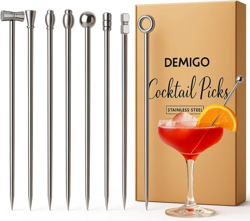 Vista 10 de DEMIGO Púas de cóctel de 16 piezas, 8 nuevos estilos de acero inoxidable reutilizables para relleno de aceituna, juego de palillos de frutas