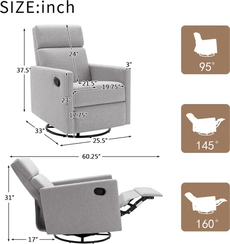 Vista 2 de LUMISOL Silla reclinable giratoria para adultos, silla deslizante giratoria para guardería, sofá individual reclinable manual, tapizada en lino