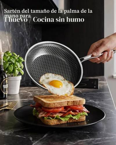 Vista 3 de Sartén antiadherente con tapa de 7 pulgadas, sartén de acero inoxidable duradera, compatible con placa de inducción, sin PFOA, a prueba de arañazos