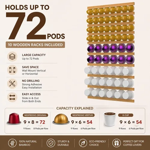 Vista 2 de Soporte para tazas K, soporte de madera para cápsulas de café, 10 piezas debajo de los gabinetes de montaje en pared vertical/horizontalmente