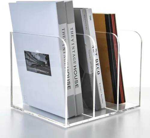 Vista 4 de 3 compartimentos verticales de acrílico transparente para revistas y archivadores, organizador de escritorio multiusos para documentos, tabletas