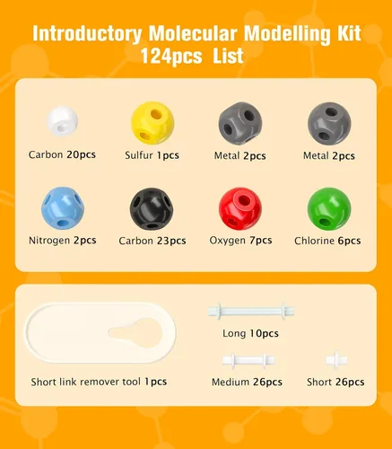 Vista 7 de Kit de modelo de química orgánica, 124 piezas, kit de modelo molecular portátil para clases de química, conjunto de modelos de elementos atómicos