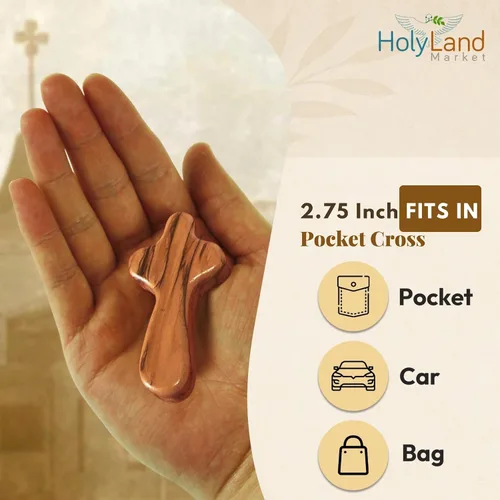 Vista 4 de Holy Land Market Cruz cómoda de bolsillo de madera de olivo con bolsa de terciopelo, 1 paquete
