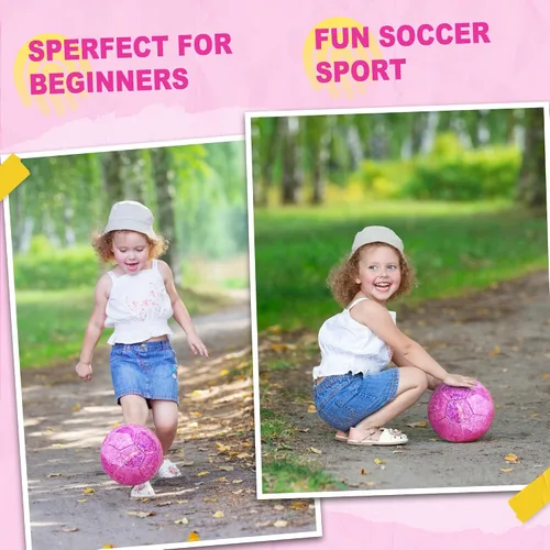 Vista 3 de Balón de fútbol de tamaño 2 rosa brillante, pelotas de fútbol para niños pequeños y niños pequeños al aire libre, pelota pequeña brillante