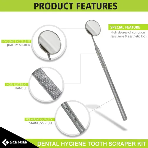 Vista 3 de CynaMed Kit de cuidado bucal de herramientas dentales (paquete de 3) – Púa dental de acero inoxidable, raspador de sarro, raspador, pinzas y espejo