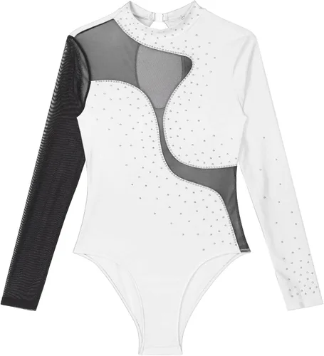 Vista 60 de iiniim Leotardo de malla para mujer, con diamantes de imitación, de malla, de manga larga, leotardos de gimnasia
