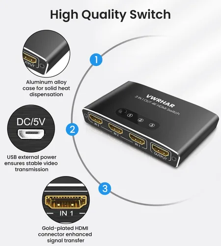 Vista 7 de Interruptor HDMI 3 en 1 Salida 4K UHD HDMI Switcher Splitter, interruptor automático con control remoto de metal HDMI Switch Box Hub Soporte 4K 3D