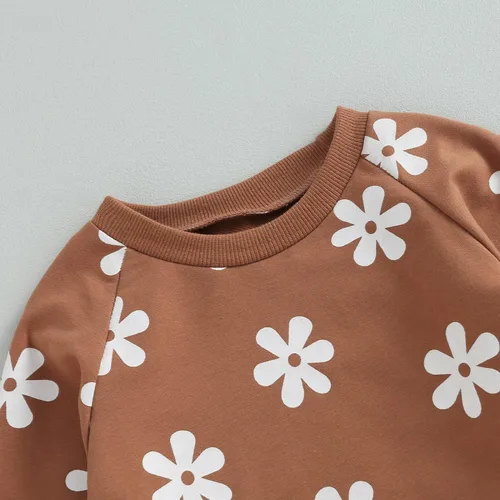 Vista 3 de MAYUMMPY Conjunto de 2 piezas de sudadera con cuello redondo floral y pantalones para bebé niña