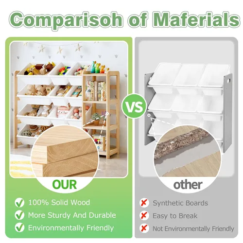 Vista 3 de MallBest Organizador de almacenamiento de madera con estantería, estante de madera de pino maciza con 12 contenedores extraíbles y estante lateral