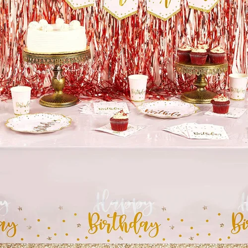 Vista 2 de Sparkle and Bash Mantel rectangular de feliz cumpleaños rosa y dorado, mantel de plástico reutilizable y duradero, telón de fondo de fotos