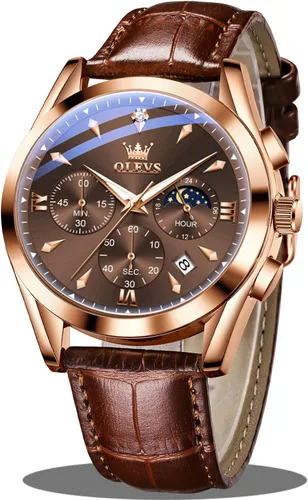Vista 9 de OLEVS - Reloj de pulsera de cuero para hombre, analógico de cuarzo, cronógrafo de lujo con fecha, impermeable, luminoso - Estilo de vestir