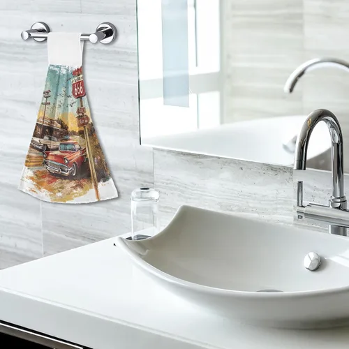 Vista 7 de Toallas de cocina colgantes para baño, lindas hamburguesas simples, gasolinera, estilo retro, juego de 2 toallas de Navidad para cocina