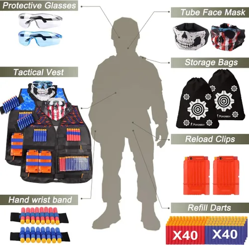 Vista 3 de 2 juegos de chaleco táctico Exsport, 2 chaquetas tácticas de élite para pistola Pack N-Strike 2 manos de muñeca, 2 clips de recarga rápida, 2