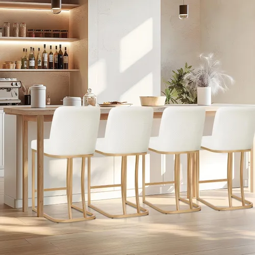 Vista 8 de Juego de 2 taburetes de bar de altura de mostrador de color blanco cremoso de 24 pulgadas, modernos taburetes de bar dorados con respaldo tapizado