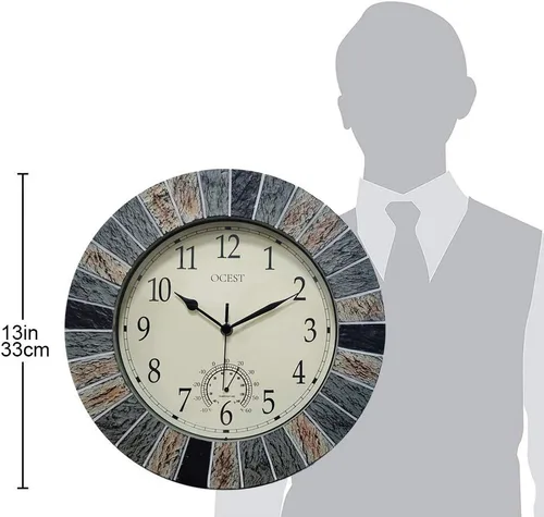 Vista 7 de Reloj grande de 13 pulgadas para interiores y exteriores, reloj de pared impermeable con termómetro, resistente al clima, sin tictac, funciona