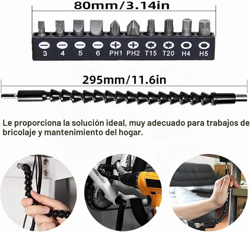 Vista 4 de Extensión de broca flexible, extensión de taladro flexible de 11.6 pulgadas, manual de 90° en ángulo recto, extensión flexible de 1/4 para taladro