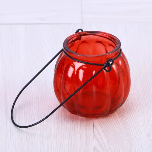 Vista 2 de Portavelas de vidrio para té de vidrio, portavelas votivas, soporte para velas de té de calabaza, candelabros colgantes para festivales, bodas, Rojo
