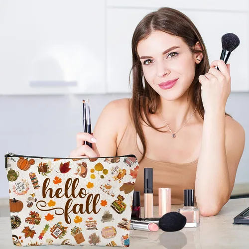 Vista 4 de Hola otoño regalos temáticos bolsa de cosméticos para mujeres, regalos de Acción de Gracias, pequeño maquillaje de viaje, regalos de otoño, ideas