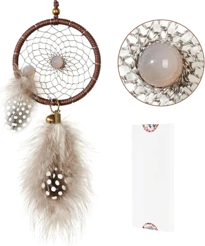 Vista 10 de Mini atrapasueños – Pluma de pollo con ágata gris, pequeño atrapasueños hecho a mano para dormitorio, un atrapasueños para niñas y niños, decoración