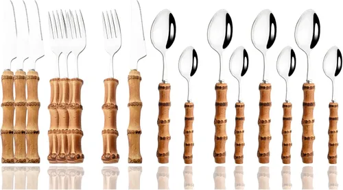 Vista 10 de JASHII Juego de cubiertos de bambú natural de 16 piezas, servicio para 4, cubiertos de acero inoxidable para comer con mango de bambú, pulido