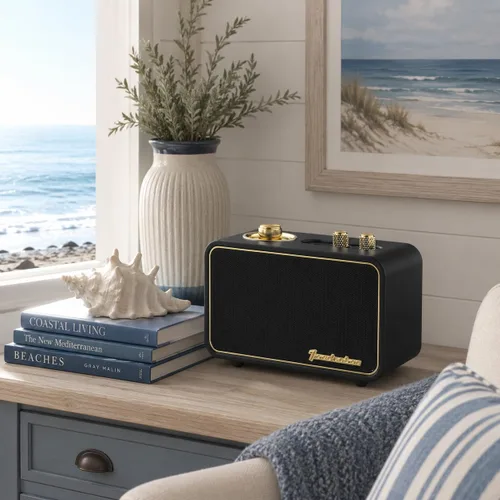 Vista 10 de Altavoz Bluetooth retro de madera, altavoz inalámbrico portátil vintage con placas frontales intercambiables, radio FM, subwoofer y dial giratorio