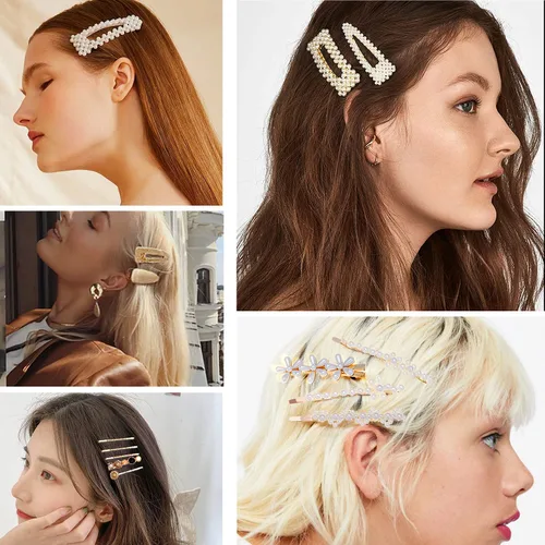 Vista 2 de Accesorios para el cabello para mujer, 18 piezas hechas a mano con pasadores de perlas de simulación, juego de clip geométrico de flores