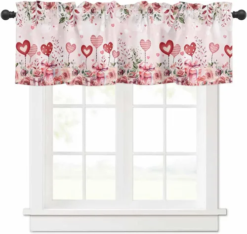 Vista 15 de Cenefa floral para ventanas, cortinas de clavel rojo y rosa, cenefas con bolsillo para barra, cenefa de ventana para primavera, vacaciones, día