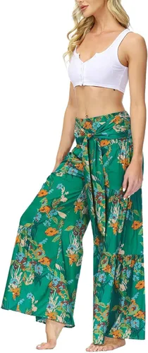 Vista 3 de ALBIZIA Pantalones de cintura alta y pierna ancha para mujer, estilo casual, bohemio, floral, pantalones de playa bohemios con cinturón